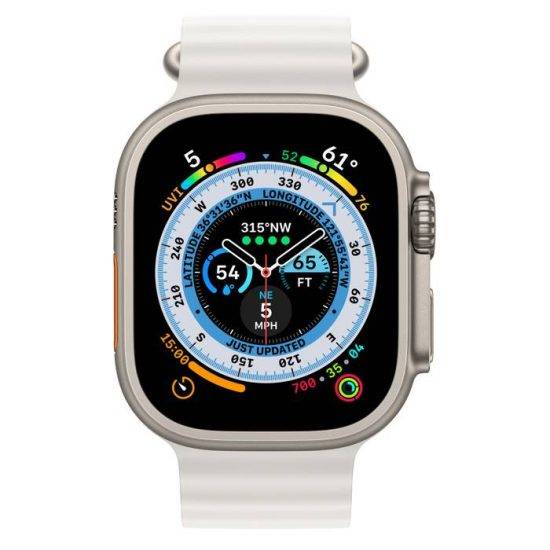 MQE93_VW_PFwatch-49-titanium-ultra_VW_PF_WF_COwatch-face-49-ocean-ultra_VW_PF_WF_CO.jpg Apple watch Titanium 8 Ultra 49mm Case with White Ocean Band - Image 1