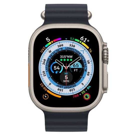 MQEE3_VW_PFwatch-49-titanium-ultra_VW_PF_WF_COwatch-face-49-ocean-ultra_VW_PF_WF_CO.jpg Apple watch 8 Ultra Titanium 49mm Case with Midnight Ocean Band - Image 1